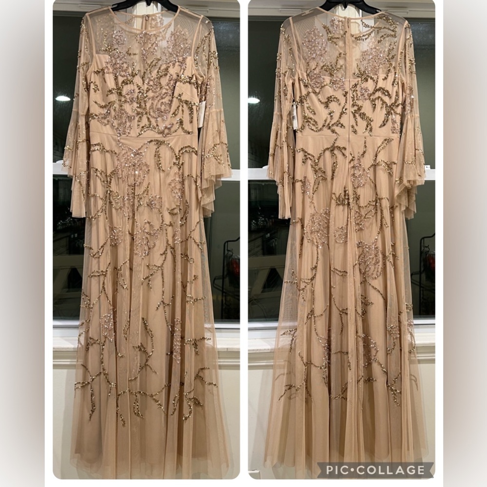 Aidan Mattox beaded gold 3/4 ruffle bell sleeve long gown - Picture 4 of 16